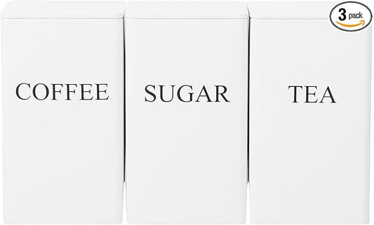 3Pcs Tea Coffee Sugar Canisters Set, Metal Coffee and Sugar Containers, Versatile Kitchen Storage Jars with Airtight Lids, Space Saving Food Canisters Set for Home Kitchen (White)