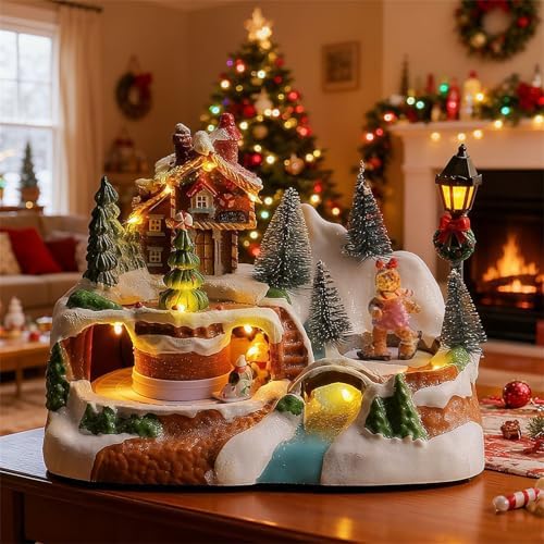 LED Light Christmas Village Scene with Rotating Train Musical Lighted Collection Figurines for Home Decors Musical Village Houses Figurine