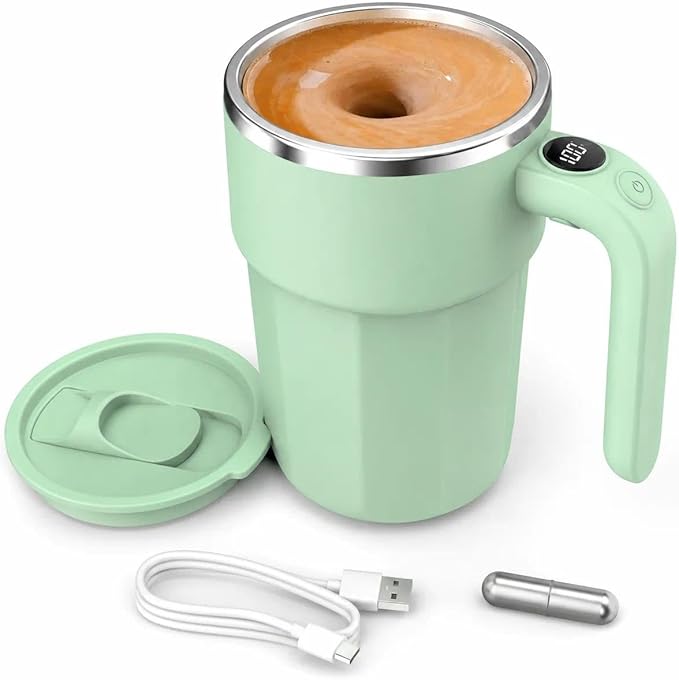 Self Stirring Coffee Mug, 12oz Rechargeable Magnetic Mixing Cup with Temperature Display, 316 Stainless Steel Electric Stirring Cup with Lid & Handle for Coffee, Cocoa, Matcha, Creamer, Mushroom Coffe