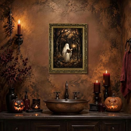Gold Vintage Framed Ghost Reading Book Wall Art, Spooky Halloween Decor