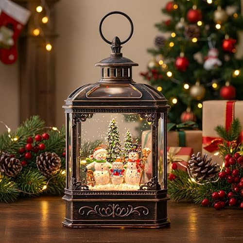 VISFLAIR Christmas Snow Globe Lantern Lighted Snowman Family Musical Water Globe with Swirling Glitter, Christmas Holiday Party Gifts and Decorations