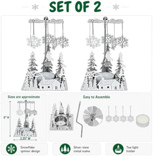 Winter Cabin Holiday Silver Candle Spinners Set of 2 – Silver Plated Laser Cut Christmas Cabin Scene Tea Light Candle Holders with Snowflake Charms – 5" Holiday Tabletop Décor