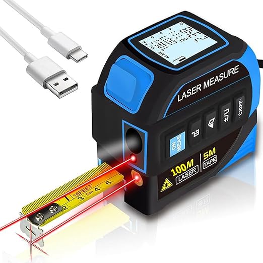 Tape Measure 4-in-1 Laser Digital Measuring Tape & 100m/328ft Laser Distance Meter & with 16ft/5m & Crosshair Markings & Dual-axis Electronic Level,Display On Backlit LCD Screen