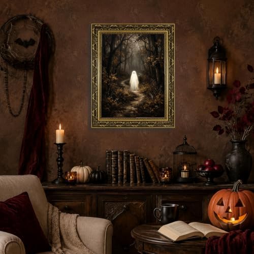Gold Vintage Framed Ghost In Forest Wall Art, Whimsical Halloween Decor
