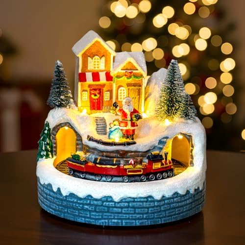ZQQLITE Animated Collection Figurines Musical Santa Clau Christmas Village Houses with Rotating Train, Lighted Christmas Collection Figurines for Home Tabletop Decorations Ornaments Gifts