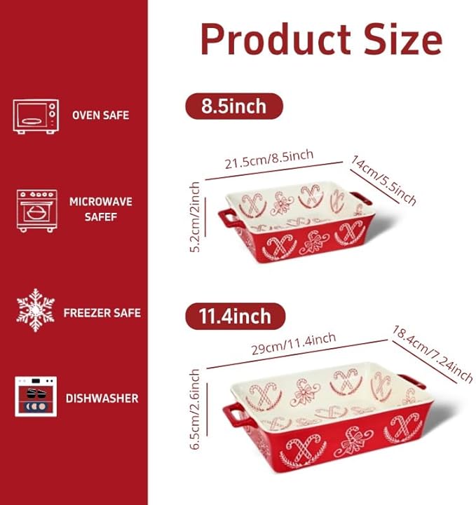 Domini Casserole Dishes for Oven, Ceramic Baking Dishes for Oven Set of 2, Lasagna Pan Deep, Baking Pan Set Square Casserole Dish Set with Handles for Baking, Pattern Red(11.4+8.5inch) Christmas