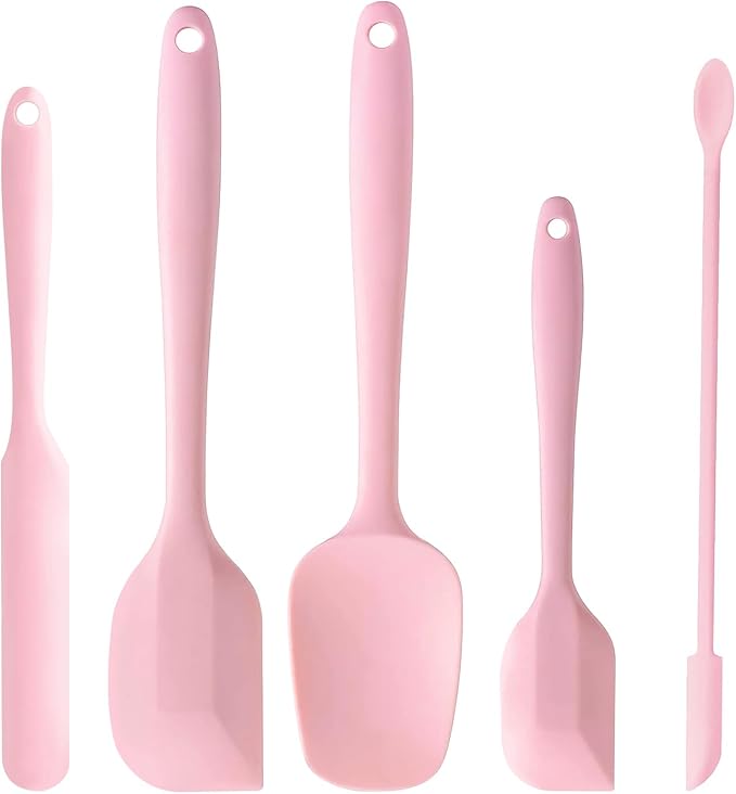 5 Piece Pink Silicone Spatula Set, Heat Resistant Rubber Spatulas Set, Silicone Kitchen Utensils Set Dishwasher Safe for Nonstick Cookware Baking Cooking