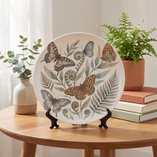 Butterflies Ferns Decorative Plates 8 Inch Botanical Decorations Plates Wall Decor with Stand Home & Office