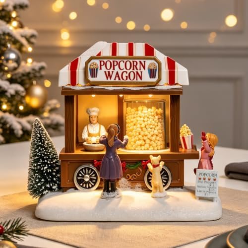MUMTOP Christmas Village House, Animated Popcorn Wagon with Light and Music