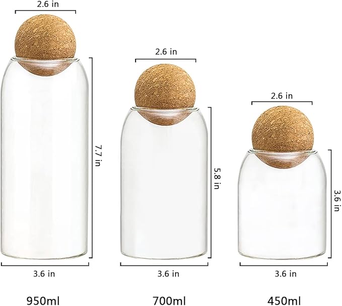 AEFPOYMXU 3 Pcs Glass Jars with Cork Ball Lid Set Kitchen Food Terrarium Airtight Clear Storage Canisters with Wooden Lids for Cookie Candy Coffee Bean Spice Sugar Rice