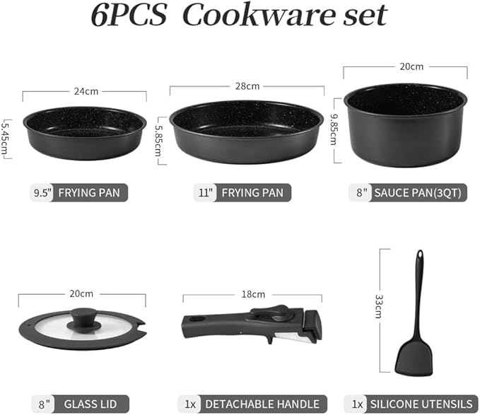 Pots and Pans Sets Non Stick，6PCS Ceramic Cookware Sets Nonstick Detachable Handle，Induction hob Pans(Grey)