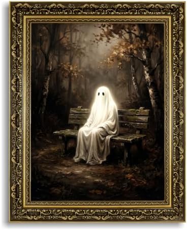 Gold Vintage Framed Ghost Wall Art, Spooky Forest Halloween Decor