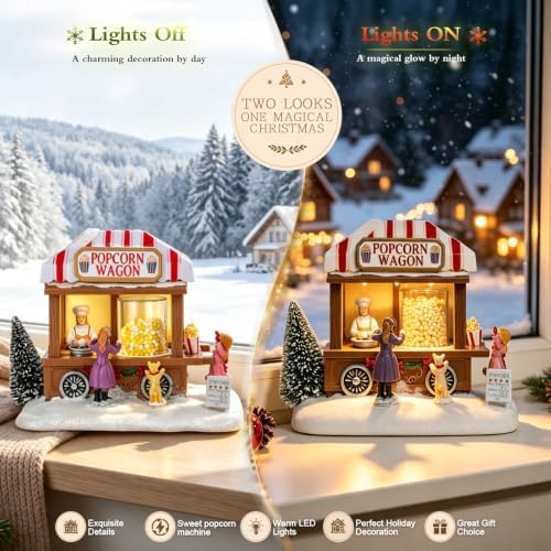 MUMTOP Christmas Village House, Animated Popcorn Wagon with Light and Music