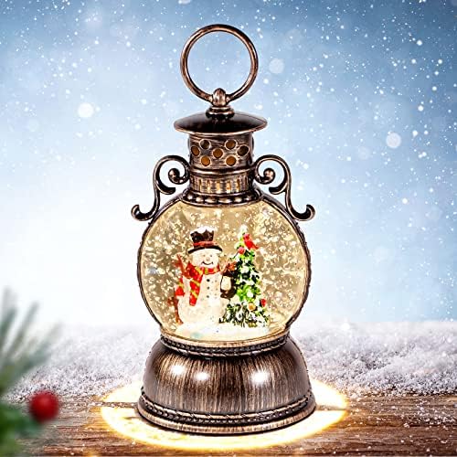 DGSCAK Musical Snow Globe Lantern – 9.4" Lighted Bronze Christmas Snow Globe with Music & Glitter, Snowman & Tree Inside, 8 Songs, 6H Timer, Hanging Ring, USB or Battery Powered, Holiday Decor Gift