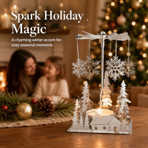 Winter Cabin Silver Holiday Candle Spinners Set of 3, Silver Plated Laser Cut Christmas Tea Light Candle Holders with Cabin, Trees & Snowflake Charms, Spinning Winter Scene Table Decor, 5 Inch