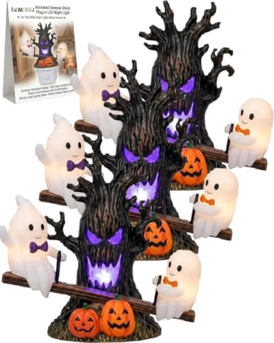 Animated Seesaw Ghost Plug in LED Night Light Halloween Lights with Spooky Tree Pumpkin Design Decor 3D Cute Halloween Ghost Light 2026 New Halloween Pumpkin Trees Lamp Table Lamps