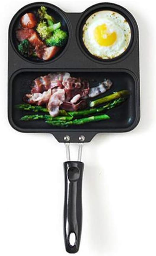 Breakfast Frying Pan 3 Intervals Skillet Frying Pan Pre-Seasoned Square Grill Pan Fat-Free Fryer, Suitable for Induction Cookers, Open Flames, Stainless Steel Bottom Frying Pa