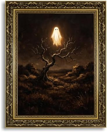 Gold Vintage Framed Ghost Wall Art, Spooky Halloween Nature Poster