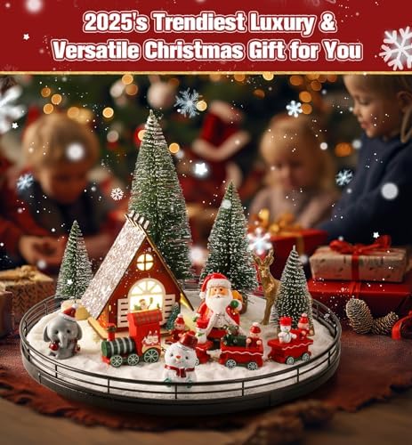 Oroyutor 12-Piece Christmas Village Centerpiece with 13-Inch Oak Lazy Susan
