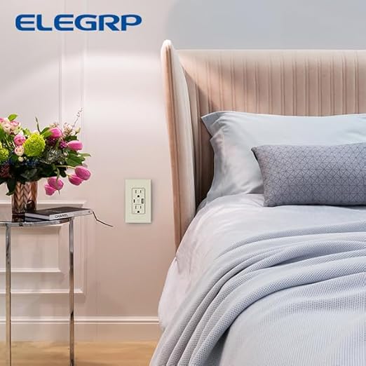 ELEGRP Wall Outlet With USB A & C Ports, 15 Amp Duplex Tamper Resistant Receptacle Plug NEMA 5-15R, Wall Plate Included, UL Listed, 10 Pack, Matte Light Almond