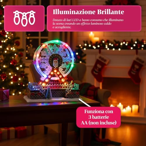 Avilia Joywheel Animated Ferris Wheel for Christmas Village, Christmas Carousel with Colorful LED Lights and Music, Battery Operated Hand Painted Decoration for Home, Table or Unique Holiday Gift