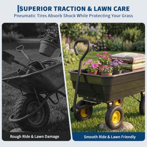Heavy-Duty 1200 lb Poly Garden Dump Cart with 180° Adjustable Handle, Quick-Release Dump & All-Terrain Utility Wagon – Black Bucket with Yellow Rims