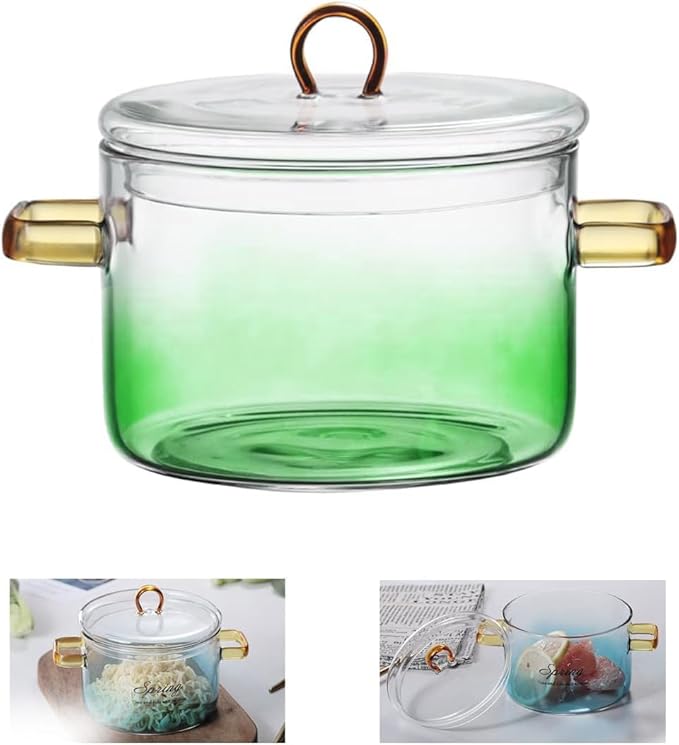 Glass Cooking Pot with Cover, Heat Resistant Glass Saucepan Cooking Pot and Pan with Lid, Glass Cookware Set Cooktop Safe for Pasta Noodle, Soup, Milk, Baby Food (Gradient Green-1500ml)