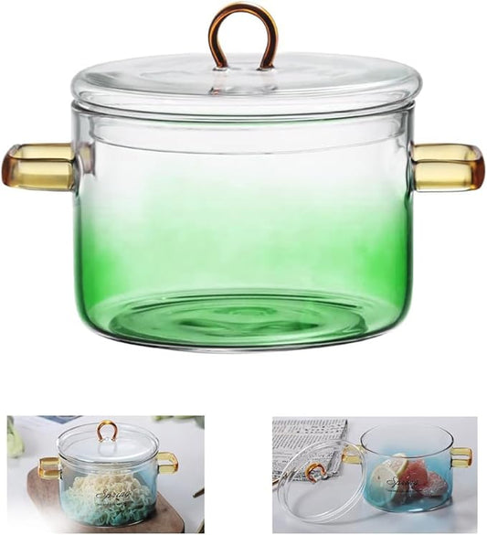Glass Cooking Pot with Cover, Heat Resistant Glass Saucepan Cooking Pot and Pan with Lid, Glass Cookware Set Cooktop Safe for Pasta Noodle, Soup, Milk, Baby Food (Gradient Green-1500ml)