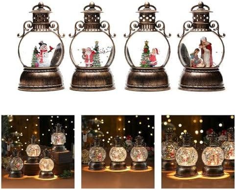 Christmas Snow Globe Lantern, Christmas Snow Globes with Rotating Base, Glitter Swirling Musical Box with Musical LED Lights, Battery Operated & USB Powered Christmas Lanterns for Table Party Decor