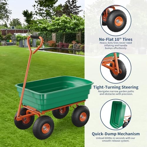 Heavy-Duty 600 lb 4 Cu.Ft. Poly Garden Dump Cart with 180° Rotating Handle & 10" No-Flat Tires – Green Bucket with Orange Accents