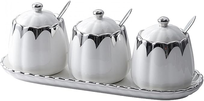 Porcelain Condiment Jar Spice Container with Lids, Spoon and Tray, Set of 3,Modern Spice Box Seasoning Jar for Your Home, Kitchen, Counter (White silver)