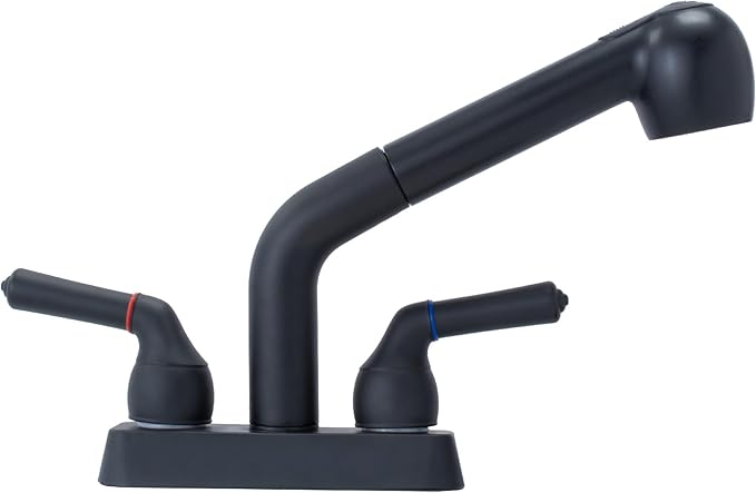 JS Jackson Supplies Dual Handle Pull Out Faucet, Black Finish, 4 Inch Center Set, Universal Utility Sink or Laundry Tub ABS Plastic Faucet with Spray Setting