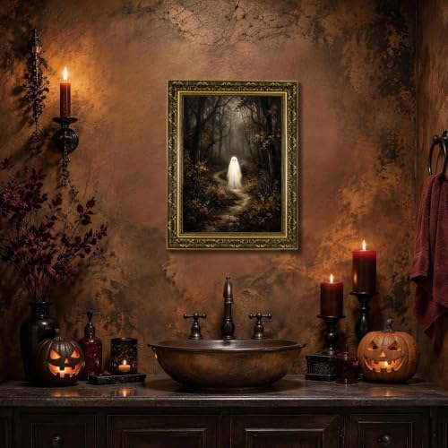 Gold Vintage Framed Ghost In Forest Wall Art, Whimsical Halloween Decor