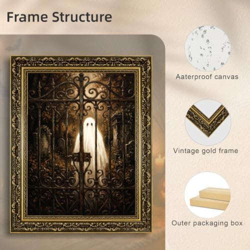 Gold Vintage Framed Ghost Wall Art, Spooky Halloween Cemetery Print