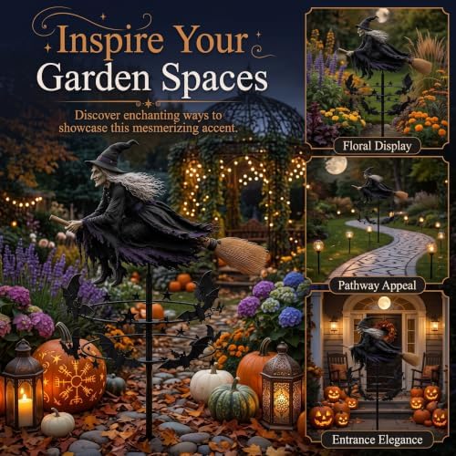 2PCS The Enchanted Witch Garden Wind Spinner, Metal Halloween Yard Art Outdoor Garden Decor, Outdoor Garden Stake Decoration, Halloween Lawn Ornament Wind Spinners for Halloween Yard Patio Pathway