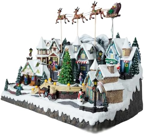 Christmas Village Centerpiece Decor, with Rotating Train and Village Buildings, Featuring LED Lights, Christmas Music, and Animation