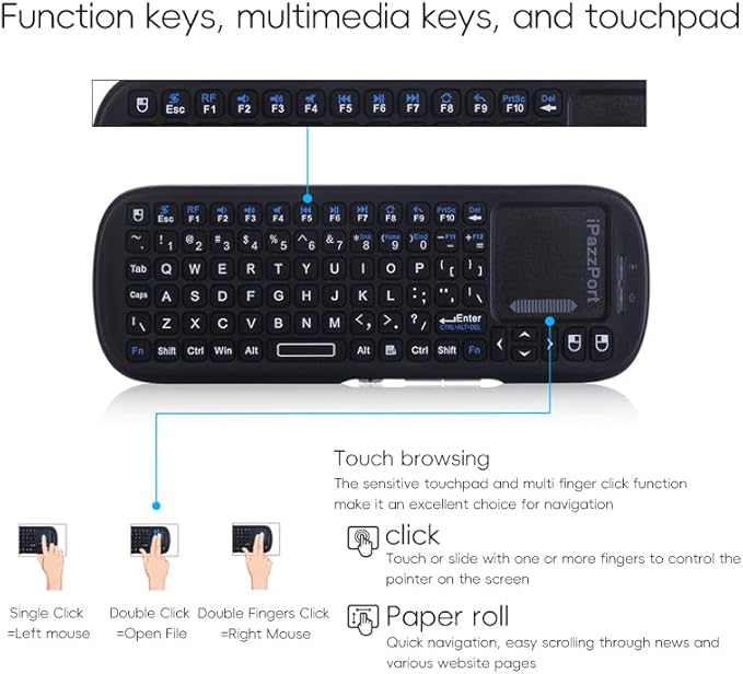 iPazzPort 2.4G Mini Wireless Keyboard with Touchpad Mouse Combo, Lightweight Portable Keyboard Controller, Compatible with Android TV Box/PC/Tablets/PS4/Raspberry Pi 3/HTPC KP-810-19S
