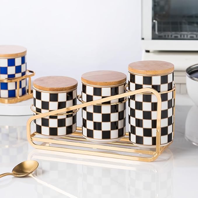 Kitchen Countertop Ceramic Canisters Set, 3Pcs Grid Pattern Kitchen Jars with Layered Shelves, Sealed Countertop Flour and Sugar Containers, Coffee and Tea Storage