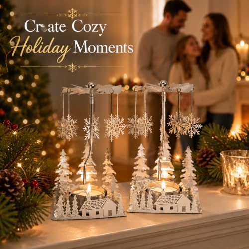 Winter Cabin Holiday Silver Candle Spinners Set of 2 – Silver Plated Laser Cut Christmas Cabin Scene Tea Light Candle Holders with Snowflake Charms – 5" Holiday Tabletop Décor