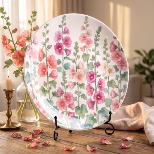 Watercolor Hollyhock Decorative Plates 10 Inch Home Decor Wall Plates with Stand & Hook Entryway Office