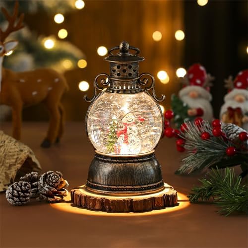 Christmas Snow Globe Lantern, Christmas Snow Globes with Rotating Base, Glitter Swirling Musical Box with Musical LED Lights, Battery Operated & USB Powered Christmas Lanterns for Table Party Decor