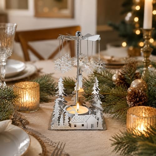 Holiday Cabin Candle Spinner, Silver Plated Christmas Tea Light Holder with Laser Cut Cabin, Trees & Snowflake Charms, 5 Inch Spinning Winter Scene Candle Decor for Mantel Table Centerpiece