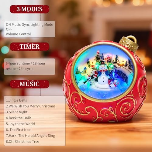 6.3" Animated Musical Christmas Village Figurines with Rotating Skiing Snowman and Lights, Auto 6H Timer and Volume Control, USB-C/Battery Powered Christmas Decorations for Table Decor Xmas Gift