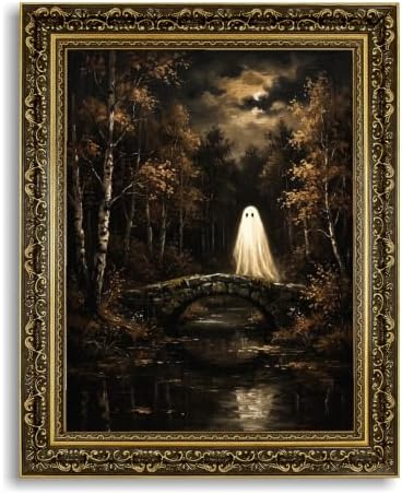 Gold Vintage Framed Ghost Bridge Wall Art, Spooky Halloween Forest Print