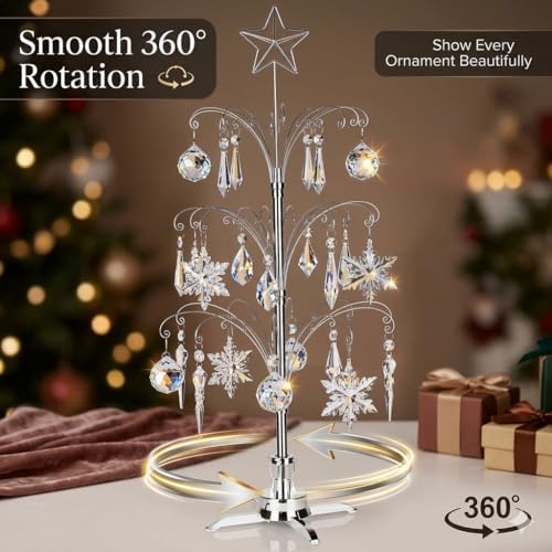 HOHIYA 47" Rotating Ornament Display Tree 60 Hooks Silver Metal Stand