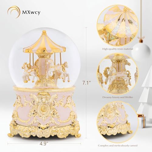 Carousel Music Box Gold Pink Christmas Snow Globes, 7.1" Glass Rotate Carousel Snow Globe for Kids & Adults, Classic Wind up Musical Snow Globe Valentines Day Gifts, Carousel Horse Home Decor