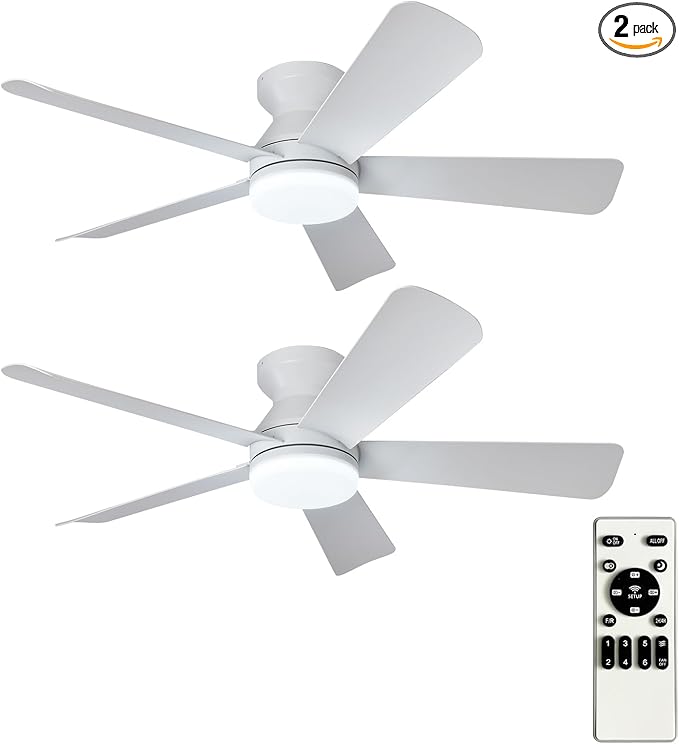 Depuley 42-Inch Ceiling Fans with Lights: Flush Mount Ceiling Fan with Remote Control Indoor/Outdoor - White 5 Blade Low Profile Fandelier for Kitchen Gazebo - Reversible Quiet Timer - 2 Packs