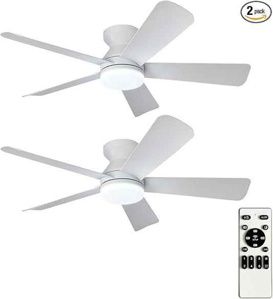 Depuley 42-Inch Ceiling Fans with Lights: Flush Mount Ceiling Fan with Remote Control Indoor/Outdoor - White 5 Blade Low Profile Fandelier for Kitchen Gazebo - Reversible Quiet Timer - 2 Packs