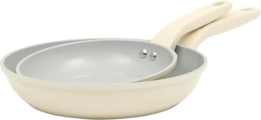 Gibson Home Barnsdall 2 Piece 8 & 10 Inch Aluminum Fry Pan Cookware Non-Toxic Ceramic Non Stick Frying Pan, Kitchen Egg Pan, Omelet Pan, Always Pan, Pots and Pans, Linen White, Induction Safe