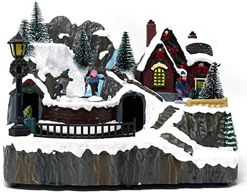 allgala Crafted Polyresin Christmas House Collectable Figurine with USB and Battery Dual Power Source-Moving Train and Skaters-XH93445